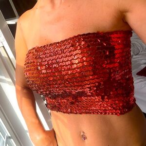 Red Sequin Strapless Top XS